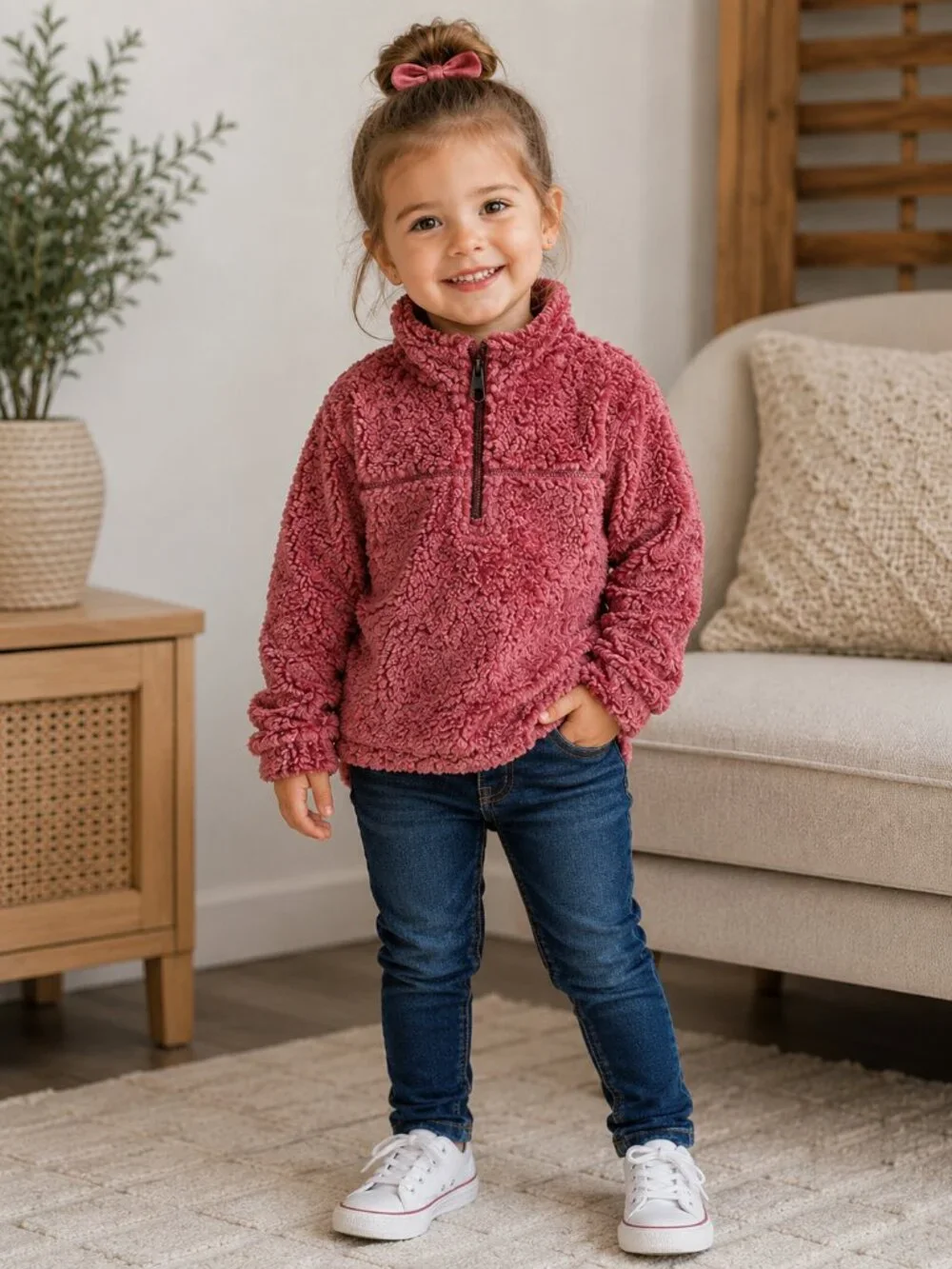 Wonder Nation Girls Pink Sherpa Fleece Quarter Zip Pullover Cozy Sweater
